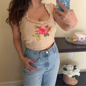 Anthropologie sleeveless flower sweater ruffle tie back Spring xs top Easter